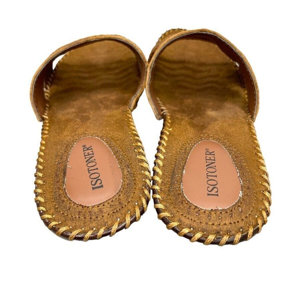 Isotoner Brown Leather Braided Detail Slip On Wedge Heel Sandals Slides Size 8.5 - Picture 6 of 12